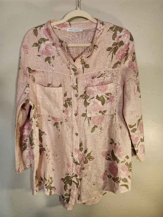 Tempo Paris Tops - Tempo Paris Pink Rose Print Button-Front Tunic